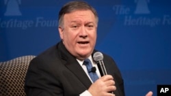 Secretary of State Mike Pompeo speaks at the Heritage Foundation, a conservative public policy think tank, in Washington. (May 21, 2018.)
