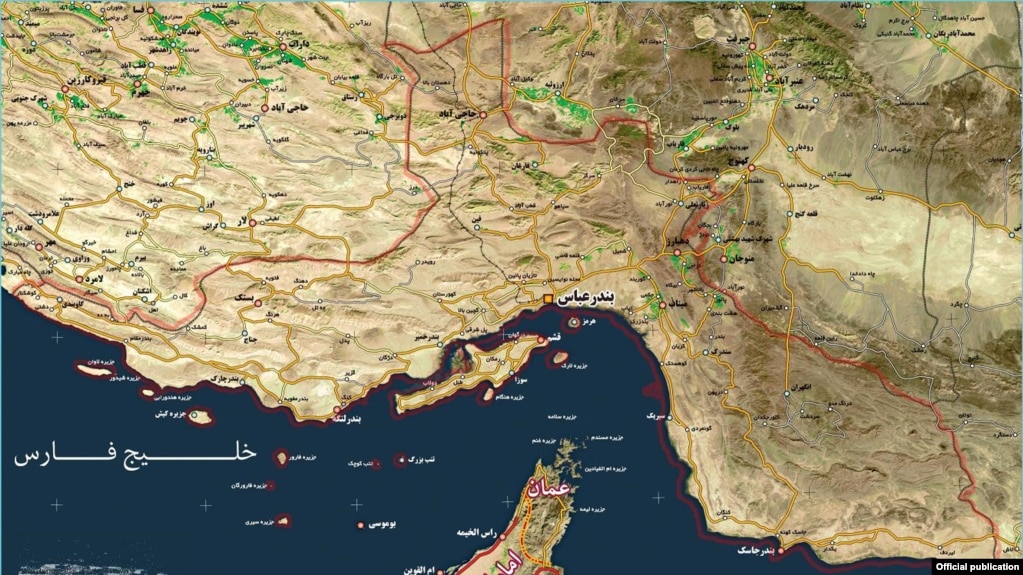 نقشه استان هرمزگان در جنوب ایران که تنگه هرمز و جزایر ایرانی خلیج فارس را نیز نشان می‌دهد.