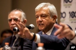 Mexico's President-elect Andres Manuel Lopez Obrador gives a press conference in Mexico City, July 9, 2018.