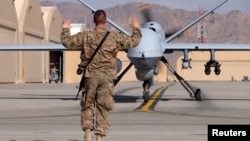 Un drone américain Reaper MQ-9 à l'aérodrome de Kandahar, en Afghanistan, le 9 mars 2016.
