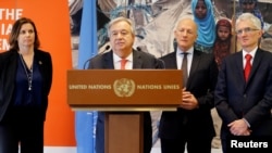 From left, Deputy Prime Minister of Sweden Isabella Lovin; U.N. Secretary-General Antonio Guterres; Manuel Bessler, head of the Swiss Humanitarian Aid Unit; and U.N. Undersecretary-General for Humanitarian Affairs Mark Lowcock attend a news conference after the High-Level Pledging Event for the Humanitarian Crisis in Yemen, in Geneva, Switzerland, April 3, 2018.