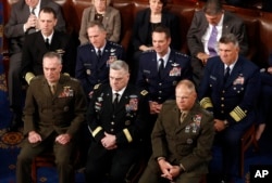 U.S. military commanders listen as NATO Secretary General Jens Stoltenberg addresses a joint session of Congress, on Capitol Hill in Washington, April 3, 2019.