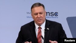 U.S. Secretary of State Mike Pompeo addresses the audience on the podium during the 56th Munich Security Conference (MSC) in Munich, southern Germany, February 15, 2020