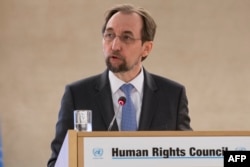 FILE - U.N. High Commissioner for Human Rights Zeid Ra'ad Al Hussein addresses the 37th session of the U.N. Human Rights Council, Feb. 26, 2018, in Geneva.