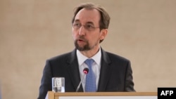 FILE - United Nations High Commissioner for Human Rights Zeid Ra'ad Al Hussein addresses the 37th session of the United Nations Human Rights Council, Feb. 26, 2018, in Geneva.