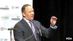 Ketua National Urban League, Marc Morial berpidato di Washington, DC mengenai kondisi warga kulit hitam AS (1/4).