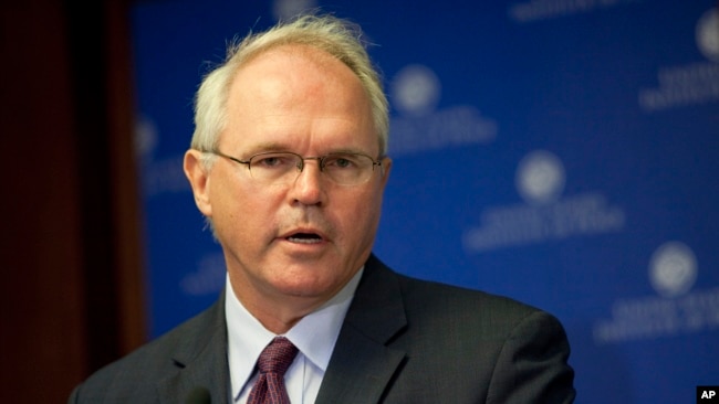 FILE - Christopher Hill, the outgoing U.S. ambassador to Iraq, speaks at the United States Institute of Peace in Washington, Aug. 18, 2010. Hill was the chief negotiator with North Korea during the George W. Bush administration.