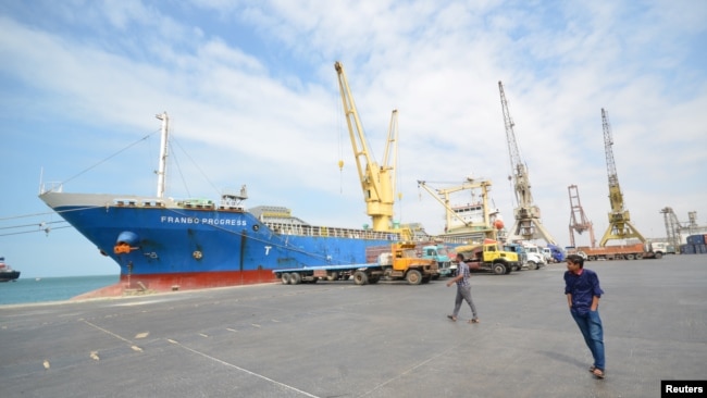 A ship docks at the Red Sea port of Hodeidah, Yemen, Feb. 1, 2017. 