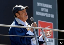 FILE - Jim Nabors sings "Back Home Again in Indiana" for the final time before the start of the 98th running of the Indianapolis 500 auto race at the Indianapolis Motor Speedway in Indianapolis, May 25, 2014.