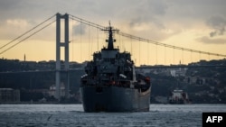 FILE - Photo taken on Oct. 18, 2016 shows the Russian war ship BSF Nikolay Flichenkov 152 passing through the Bosphorus Strait, on it's way to eastern Mediterranean port of Tartus, Syria.
