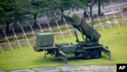 A PAC-3 Patriot missile unit is seen deployed in the compound of Defense Ministry in Tokyo, Aug. 10, 2017.