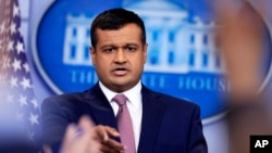 FILE - White House deputy press secretary Raj Shah speaks during the daily press briefing in the Brady press briefing room at the White House, in Washington, Feb. 8, 2018. Shah announced Thursday that President Donald Trump will host the leaders of Estonia, Latvia and Lithuania for a Baltic Summit at the White House on April 3.