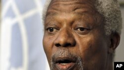 Kofi Annan, the U.N.-Arab League Joint Special Envoy for Syria, speaks during a press conference after his meeting with Lebanese Prime Minister Najib Mikati, unseen, at the governmental palace in Beirut, Lebanon, June 1, 2012. 