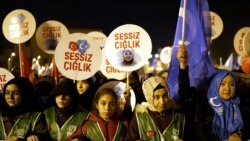 抗议者在伊斯坦布尔游行支持维吾尔人并声援阿森纳队中场球员厄齐尔。(2019年12月20日)