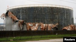An oil tank damaged by Hurricane Harvey 