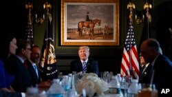 President Donald Trump speaks during a meeting with state leaders about prison reform, Aug. 9, 2018, at Trump National Golf Club in Bedminster, New Jersey. 