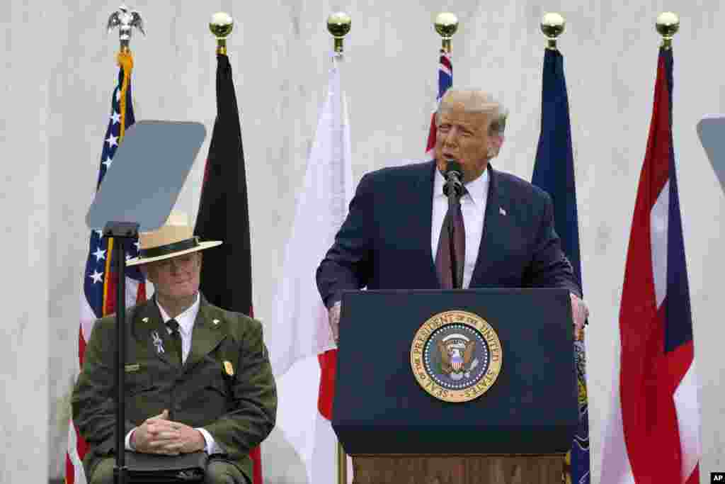 President Donald Trump speaks at a 19th anniversary observance of the Sept. 11 terror attacks, at the Flight 93 National Memorial in Shanksville, Pa., Friday, Sept. 11, 2020. (AP Photo/Gene J. Puskar)