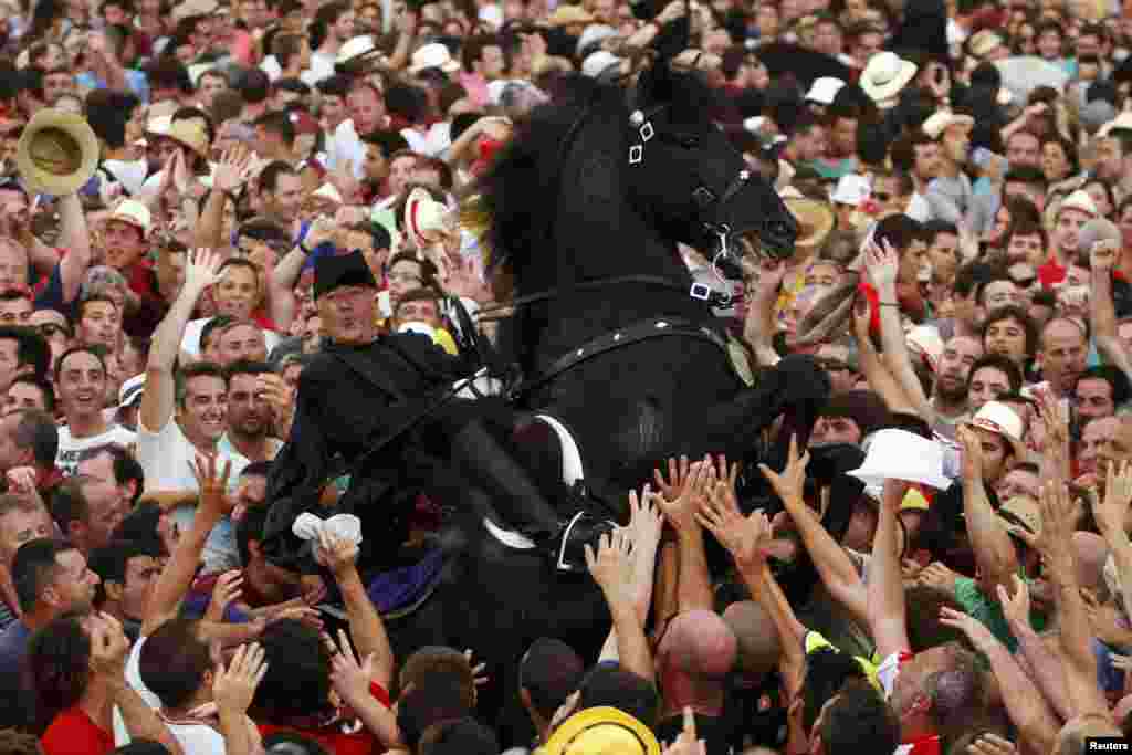 A rider rears up on his horse while surrounded by a cheering crowd during the traditional Fiesta of San Joan (Saint John) in downtown Ciutadella, on the Spanish Balearic Island of Menorca, June 23, 2013. The riders of the horses are representatives of the ancient Ciutadella society - nobility, clergy, craftsmen and farmers.