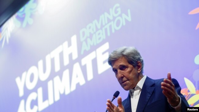 FILE - John Kerry, U.S. special presidential envoy for climate, holds a news conference during the pre-COP26 climate meeting in Milan, Italy, Oct. 2, 2021.