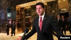 FILE - U.S. House Speaker Paul Ryan of Wisconsin speaks to reporters after meeting with President-elect Donald Trump at Trump Tower in New York, Dec. 9, 2016. 
