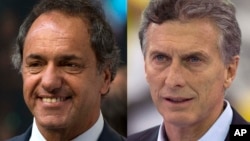 FILES - This combo shows Argentina's presidential candidates, from left, Daniel Scioli and Mauricio Macri. Macri has a more-than eight-point lead over his ruling party rival with 11 days until the run-off vote, a poll showed on Nov. 11, 2015.