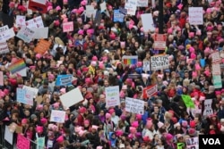 Protesters gather near the U.S. Capitol in Washington D.C. for the Women' March, Jan. 21, 2017. (Photo: B. Allen / VOA)
