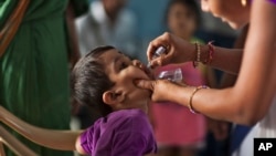 FILE - An Indian medical volunteer administers a dose of polio vaccine to a child in Hyderabad, India, Jan. 29, 2017.