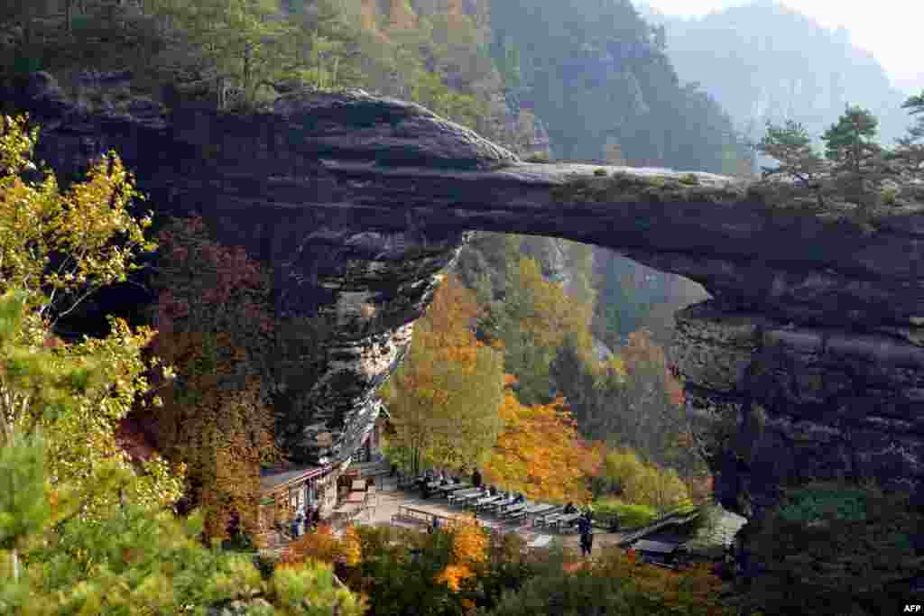 The Pravcicka bran rock formation can be seen near Hrensko, North Bohemia, Czech Republic, Oct. 23, 2016.