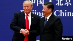 FILE - U.S. President Donald Trump and China's President Xi Jinping meet business leaders at the Great Hall of the People in Beijing, Nov. 9, 2017.