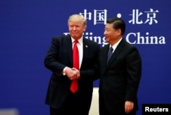 FILE - U.S. President Donald Trump and China's President Xi Jinping meet business leaders at the Great Hall of the People in Beijing, Nov. 9, 2017.