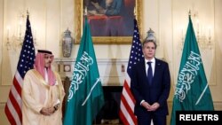FILE: Saudi Arabia Foreign Minister Faisal bin Farhan Al-Saud (left) and U.S. Secretary of State Antony Blinken and deliver remarks to reporters before meeting at the State Department in Washington, U.S., October 14, 2021. They meet again in Riyadh this week. 