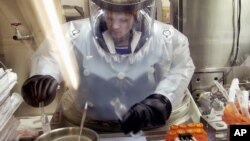 FILE - Microbiologist Ruth Bryan works with BG nerve agent simulant in Class III Glove Box in the Life Sciences Test Facility at Dugway Proving Ground, Utah, May 11, 2003.