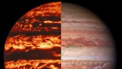 Combinaison d'images montrant Jupiter vue par le radiomètre micro-ondes de la sonde Juno, à gauche, et en lumière visible, capturée par l'observatoire Gemini.
