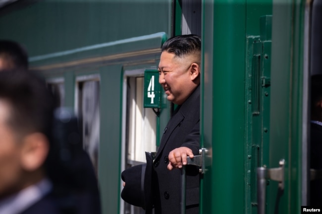 North Korean leader Kim Jong Un takes part in a farewell ceremony at a railway station as he departs from Vladivostok, Russia, April 26, 2019.