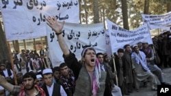 An Afghan man shouts anti-Pakistan slogans during a rally, protesting against Pakistan's interference in Afghanistan, in Kabul, Afghanistan, Sunday Oct. 2, 2011.