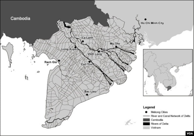 Bản đồ hệ thống sông và kênh rạch chằng chịt nơi vùng châu thổ Đồng Bằng Sông Cửu Long [Nguồn: Amir Hosseinpour (ZEF), trích dẫn bởi Simon,2014] (6)