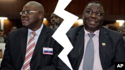 Warring Movement for Democratic Change (MDC-T) faction leaders, Tendai Biti and Morgan Tsvangirai. (AP Photos/Collage by Ntungamili Nkomo)