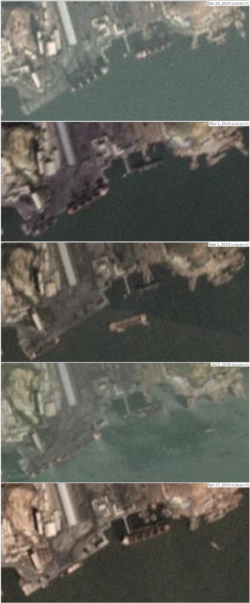 북한 남포의 석탄 항구를 촬영한 올해 12월과 11월, 9월, 8월, 4월(위에서 아래로) 위성사진. 대형 선박이 정박한 장면이 확인되는 가운데 대형 선박이 소형 선박에 의해 이동하는 모습도 일부 사진에서 확인된다. 출처: Planet Labs