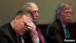 (L-R) U.S. Secretary of State Mike Pompeo, Secretary of Defense James Mattis and national security adviser John Bolton attend a meeting between U.S. President Donald Trump and NATO Secretary General Jens Stoltenberg at the White House in Washington. U.S