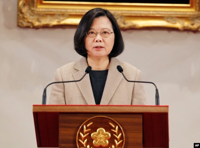 Taiwanese President Tsai Ing-wen delivers a speech during a New Year's day press conference in Taipei, Taiwan, Jan. 1, 2019.