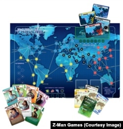 The Pandemic game includes a board showing 48 cities on a global map, a deck of Player cards and one of Infection cards, different color cubes for different diseases, and a pawn for each player.