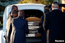 The casket carrying the late singer Aretha Franklin arrives at the Greater Grace Temple for her funeral in Detroit, Mich., Aug. 31, 2018.
