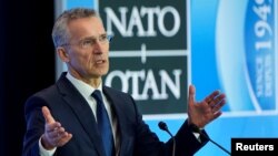 FILE - NATO Secretary-General Jens Stoltenberg speaks to reporters during the NATO foreign ministers meeting at the State Department in Washington, April 4, 2019.