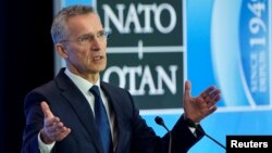 NATO Secretary General Jens Stoltenberg speaks to the media during the NATO Foreign Minister's Meeting at the State Department in Washington, April 4, 2019.