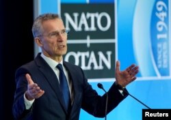 FILE - NATO Secretary-General Jens Stoltenberg speaks to the media during the NATO Foreign Minister's Meeting at the State Department in Washington, April 4, 2019.