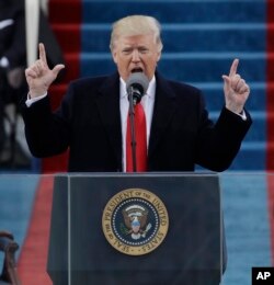 지난 1월 20일 워싱턴 의사당 앞 취임식에서 연설하고 있는 도널드 트럼프 대통령.