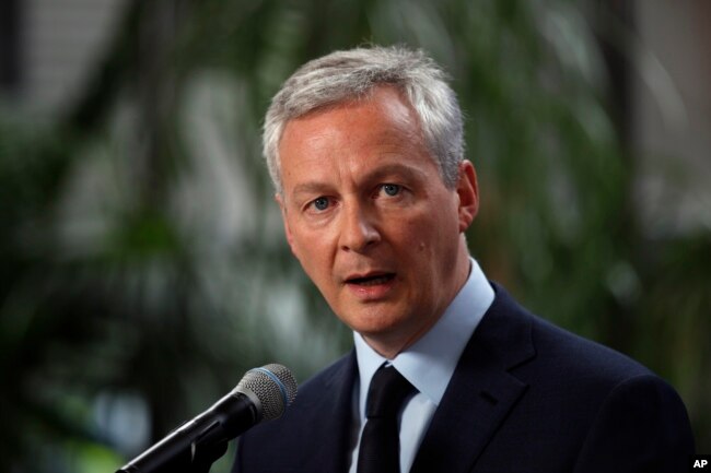FILE - France's Finance Minister Bruno Le Maire speakes at Bercy ministry, in Paris, May 15, 2018.