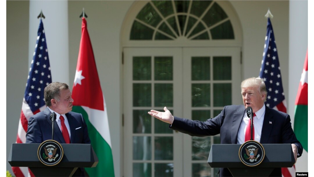 U.S. President Donald Trump, right, and Jordan's King Abdullah II hold a joint news conference in the Rose Garden at the White House in Washington, April 5, 2017.