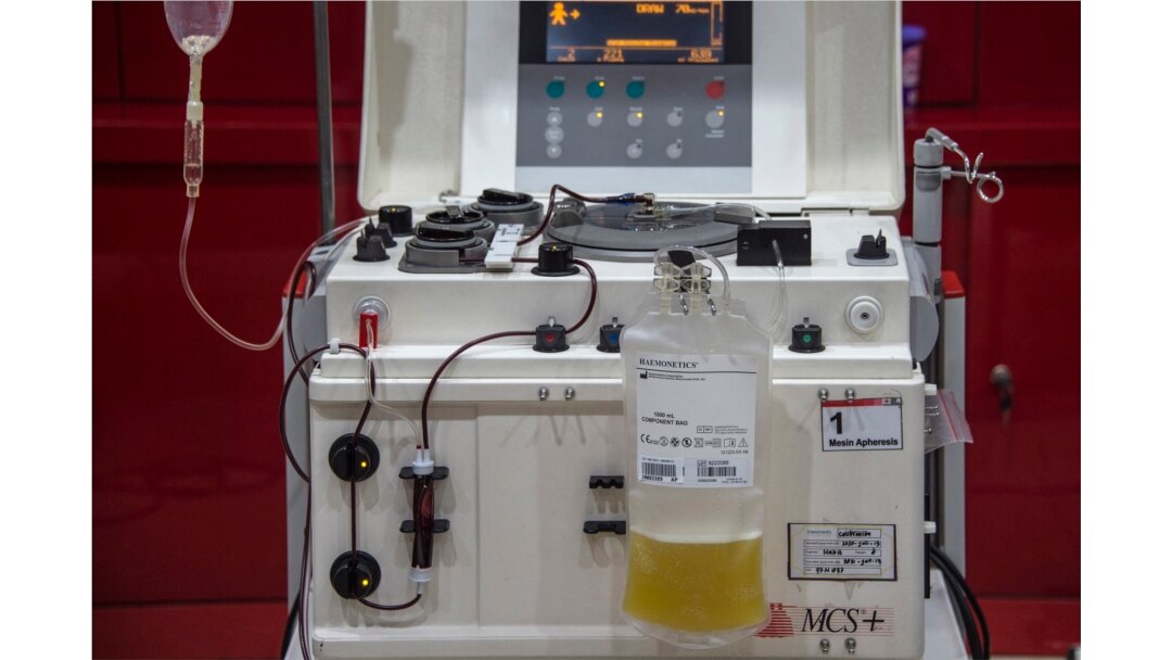 Mesin untuk mengumpulkan plasma darah dari para penyintas COVID-19 tampak di kantor Palang Merah Indonesia di Surabaya, Jawa Timur, 18 September 2020. (Foto: Juni Kriswanto/AFP)