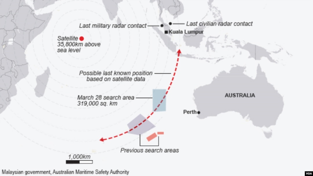 Malaysia Airlines flight MH 370 search area as of March 28, 2014